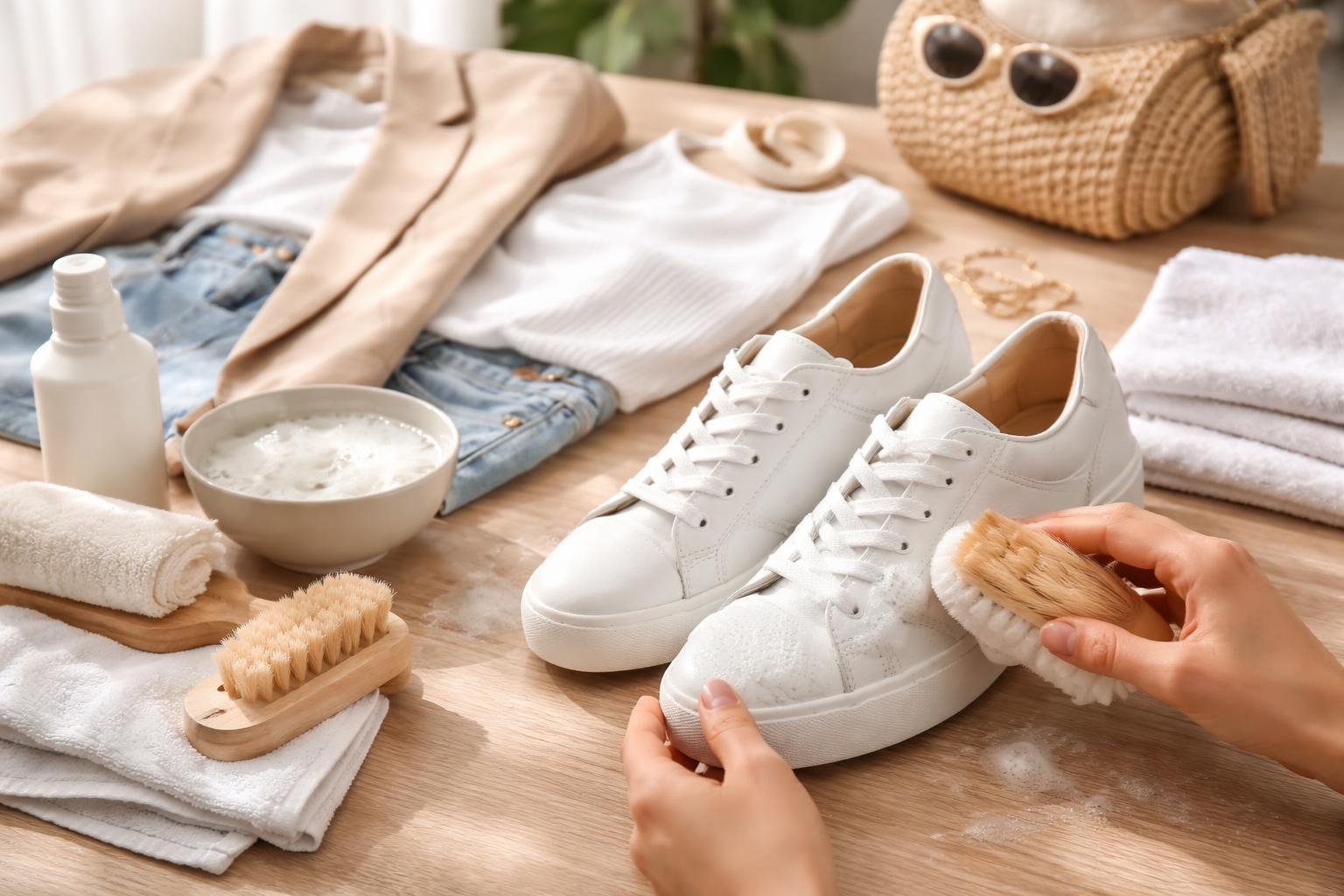 Fehér női sneaker tisztítása, divatos kiegészítőkkel