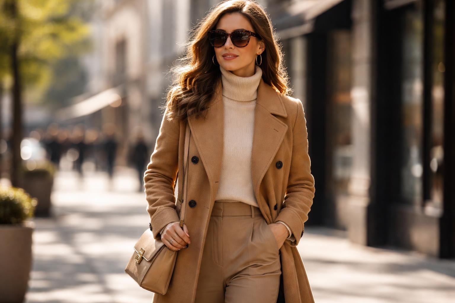 Klasszikus teveszínű kabát elegáns öltözékben.