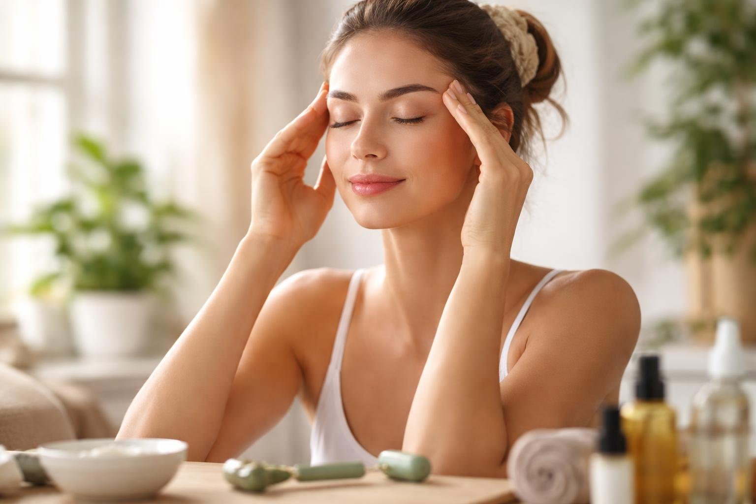 Nő arcmasszázs közben, természetes szépségápolás otthon.