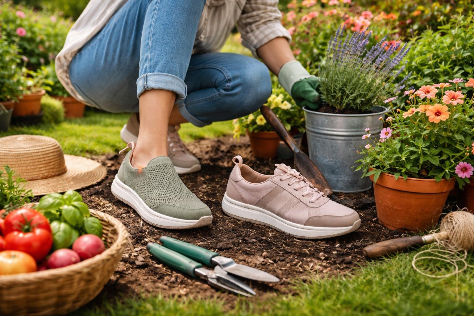 Kényelmes, divatos cipők kertészkedéshez virágok között.