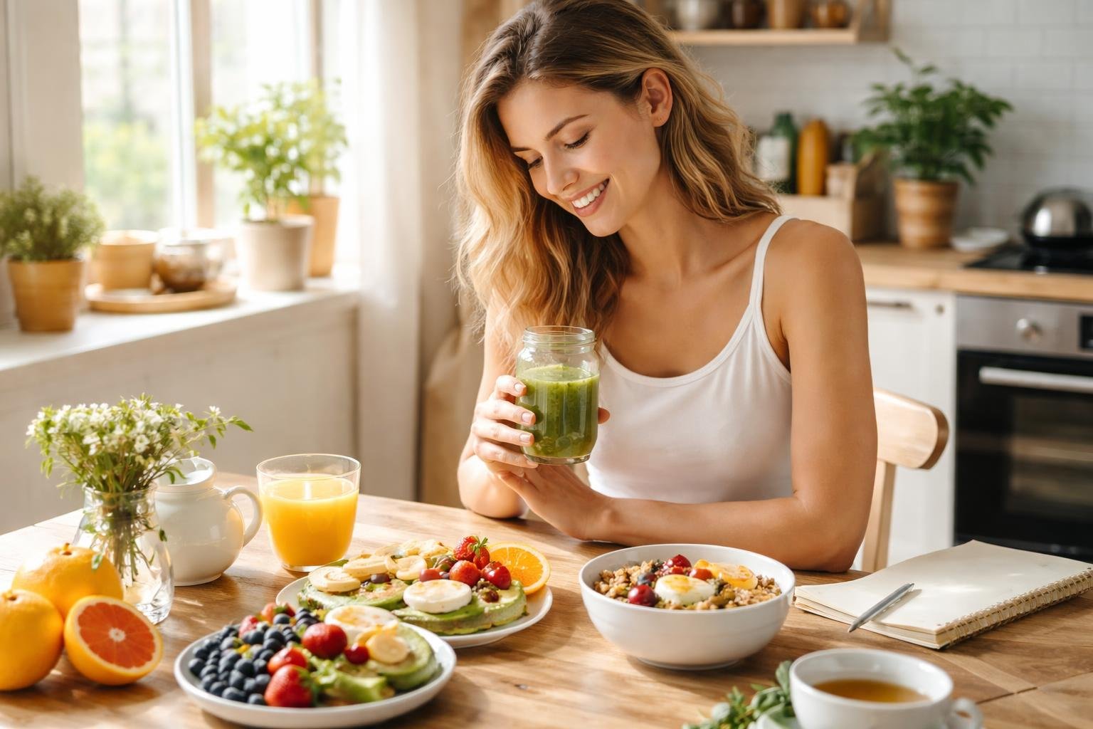 Egészséges reggeli nő ízletes ételekkel és smoothie-val.
