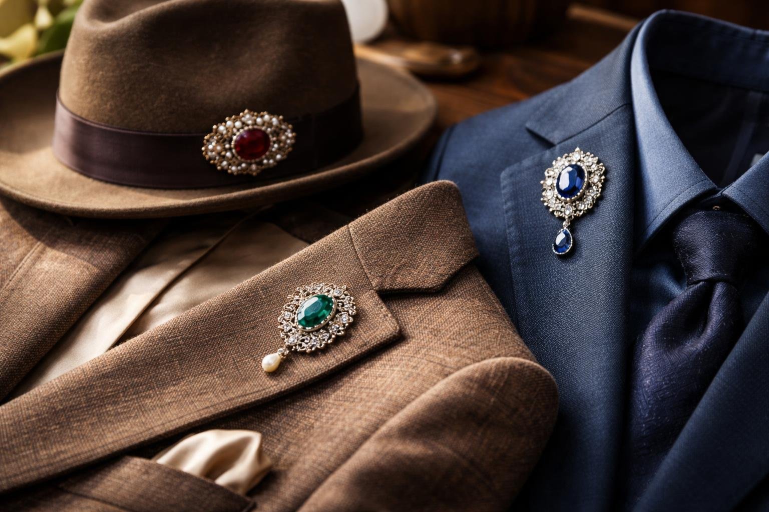 Elegáns melltűk kabáton és zakón, divatos kiegészítők.