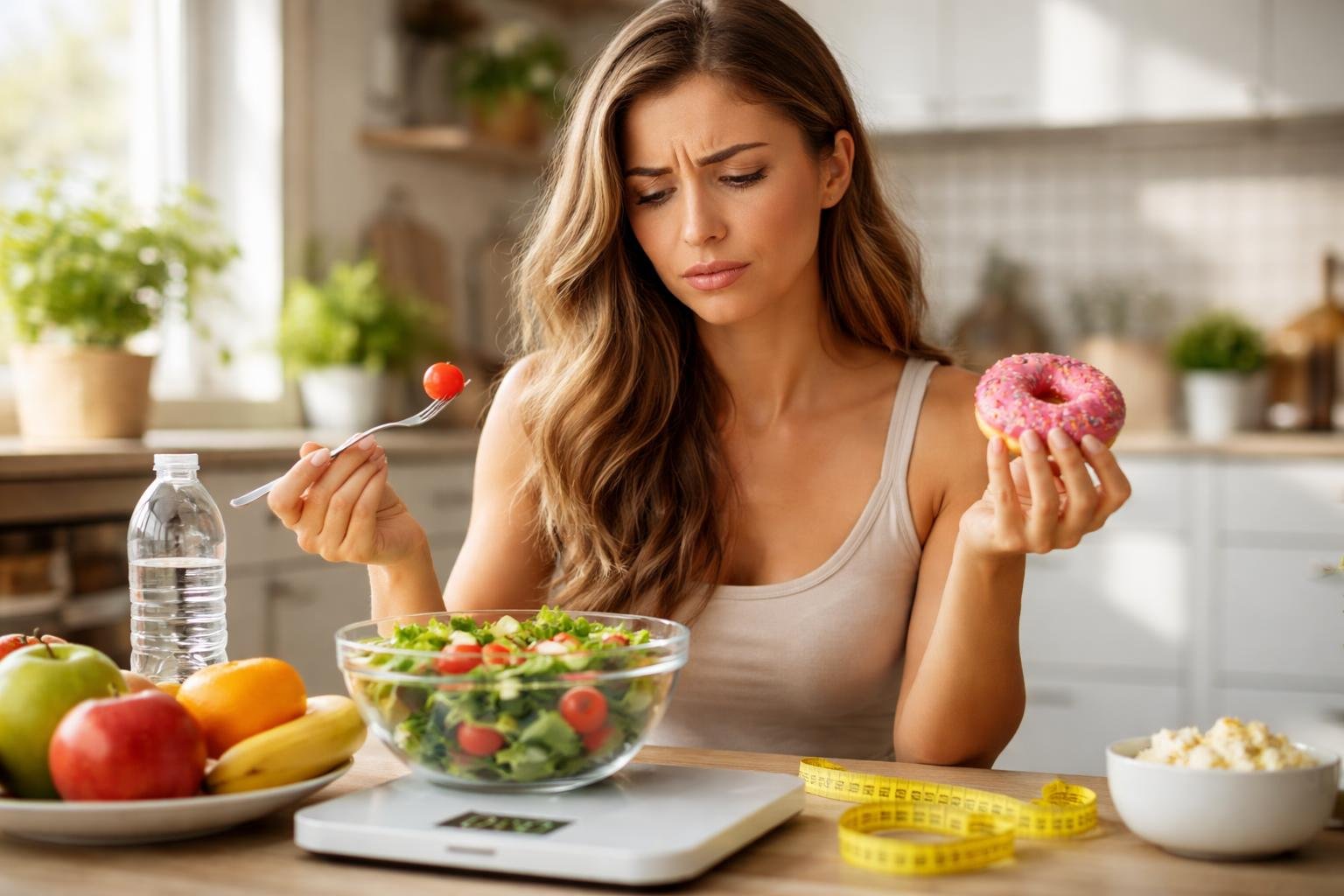 Nő diéta közben, salátát és fánkot tart a kezében, mérleggel az asztalon.