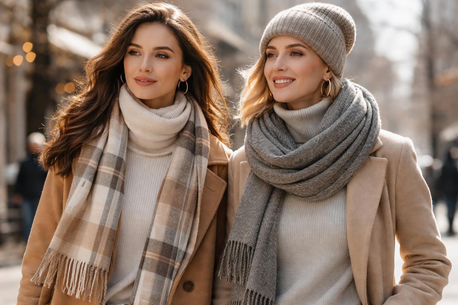 Két nő téli garbó és sál kombinációban sétál a városban
