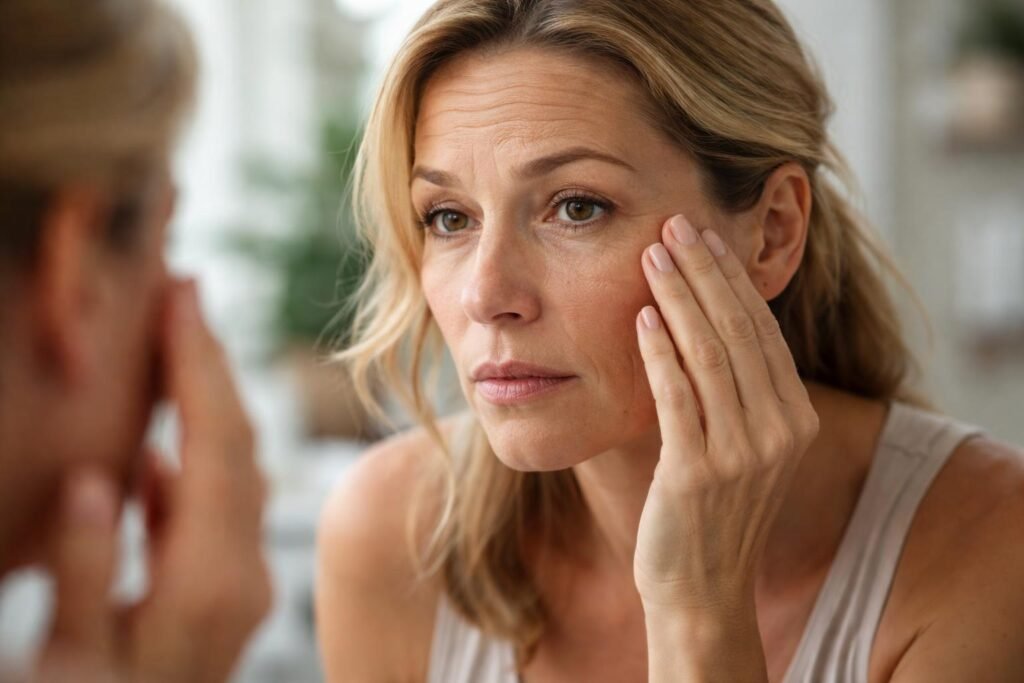 Nő, aki a bőrápolási hibáit figyeli a tükörben