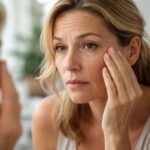 Nő, aki a bőrápolási hibáit figyeli a tükörben