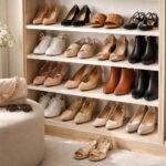 Egy női cipősszekrény különböző stílusú cipőkkel és kiegészítőkkel.