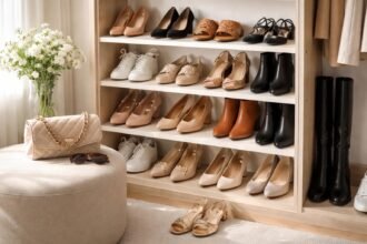 Egy női cipősszekrény különböző stílusú cipőkkel és kiegészítőkkel.