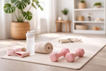 Otthoni edzés eszközök, pink kézi súlyzók és vízszűrő palack