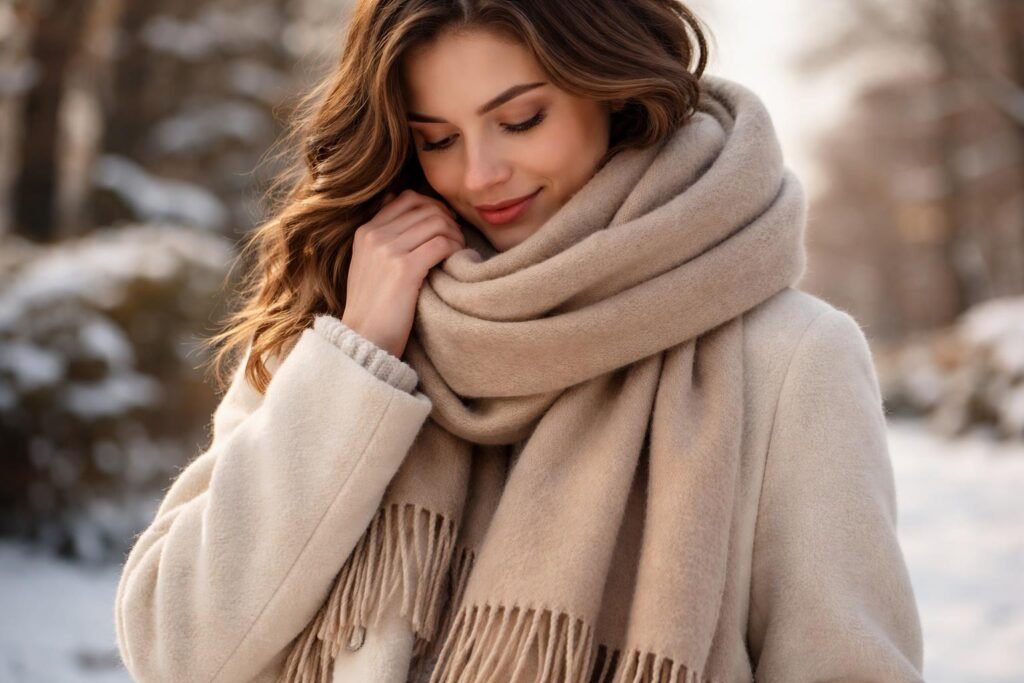Nő egy puha kasmír sállal téli tájban