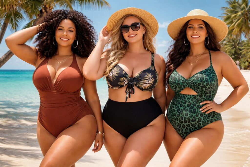 Három plus size nő strand fürdőruhában, napernyővel és vízparttal.