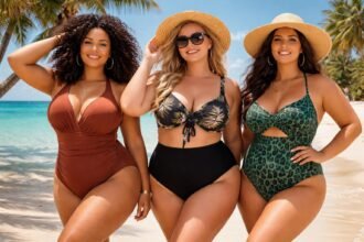 Három plus size nő strand fürdőruhában, napernyővel és vízparttal.
