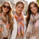 Három nő divatos sálakban a város utcáján