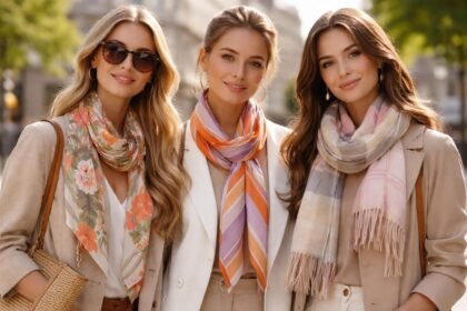 Három nő divatos sálakban a város utcáján