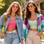 Két fiatal nő tavaszi retró divatban sétál a városban.