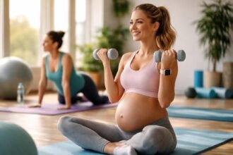 Várandós nő edz súlyzóval, kismama torna a fittnessért