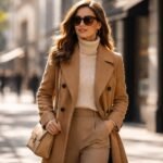 Klasszikus teveszínű kabát elegáns öltözékben.