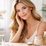 Fiatal nő, aki bőrápolási termékekkel és vízzel ül egy asztalnál.