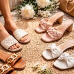 Női papucsok és mule-ok divatos stílusban, virágokkal körülvéve.