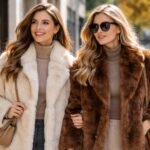 Két nő műszőrme kabátban sétál a városban