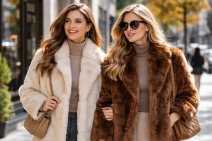 Két nő műszőrme kabátban sétál a városban