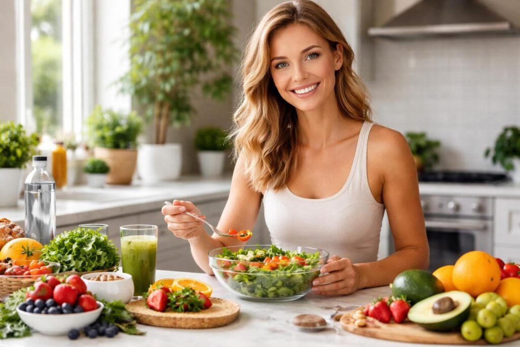 Fiatal nő egészséges salátával és gyümölcsökkel egy modern konyhában.