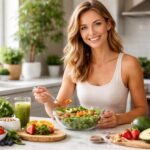 Fiatal nő egészséges salátával és gyümölcsökkel egy modern konyhában.