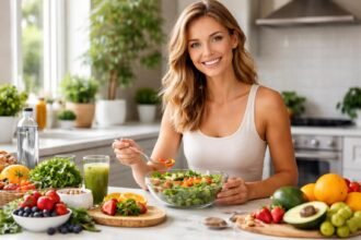 Fiatal nő egészséges salátával és gyümölcsökkel egy modern konyhában.