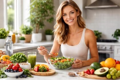 Fiatal nő egészséges salátával és gyümölcsökkel egy modern konyhában.