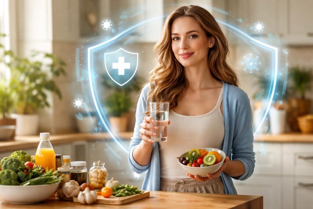 Egészséges nő friss gyümölcsökkel és vízzel a konyhában.