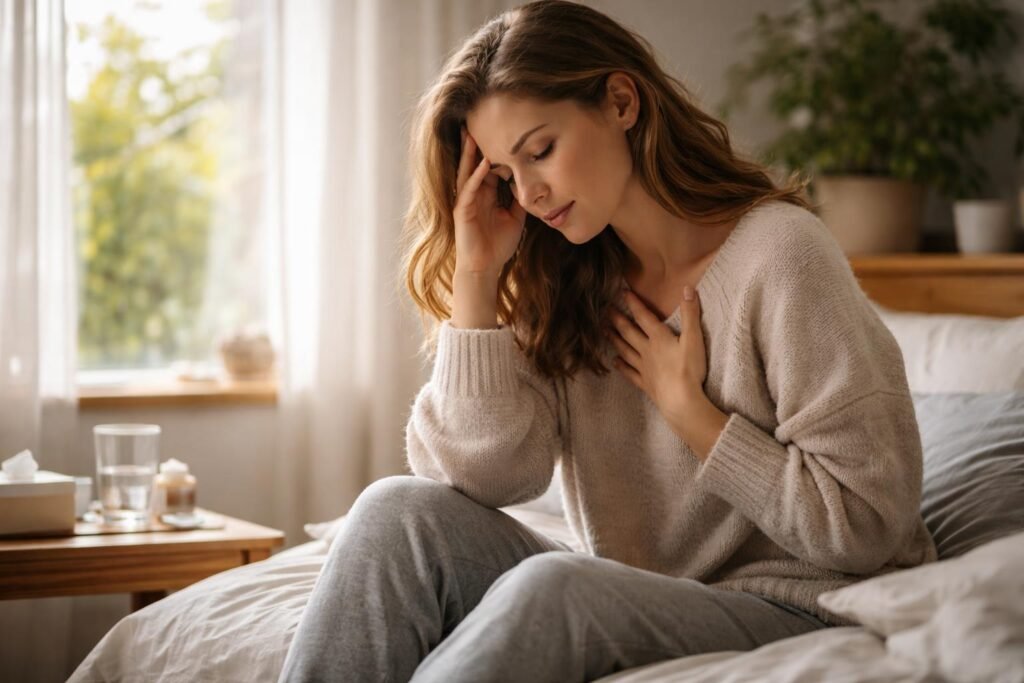 Fáradt nő otthon, stresszes érzelmi állapottal