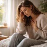 Fáradt nő otthon, stresszes érzelmi állapottal