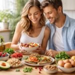 Pár egészséges ételekkel, fokozva a női termékenységet.