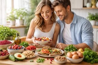 Pár egészséges ételekkel, fokozva a női termékenységet.