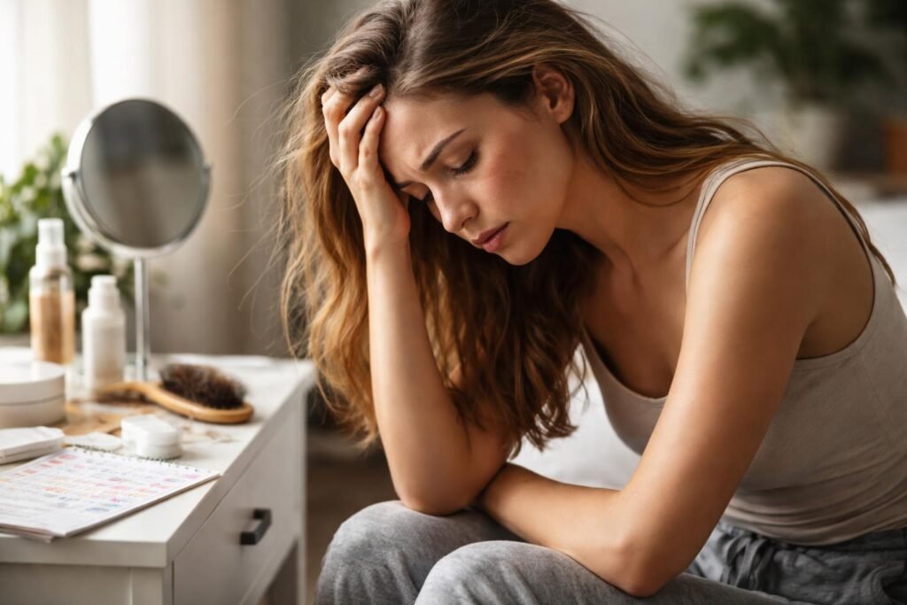 Stresszes nő a szépségápolás asztalánál, hajhullással és bőrproblémákkal küzd.