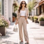 Elegáns tavaszi női nadrág és blézer szett virágok között.