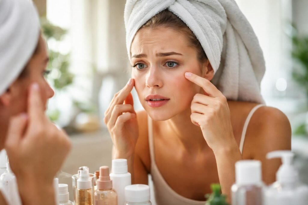 Nő arcápolási hibákat ellenőriz a tükör előtt, különböző kozmetikumokkal.