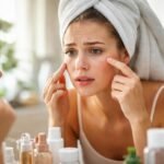 Nő arcápolási hibákat ellenőriz a tükör előtt, különböző kozmetikumokkal.