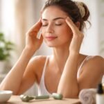 Nő arcmasszázs közben, természetes szépségápolás otthon.