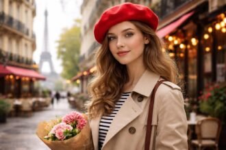 Egy nő piros beretben virágcsokorral Párizs romantikus utcájában.