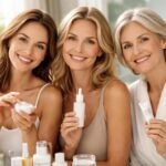 Három nő bőrápolási termékekkel, mosolyogva a kamerába.