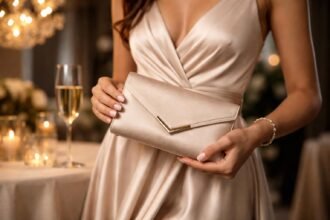 Elegáns borítéktáska női kézben, stílusos eseményhez.