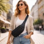 Elegáns hölgy átvetős táskával városi környezetben