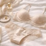 Luxus fehérnemű csipkéből és selyemből, stílusos kiegészítőkkel