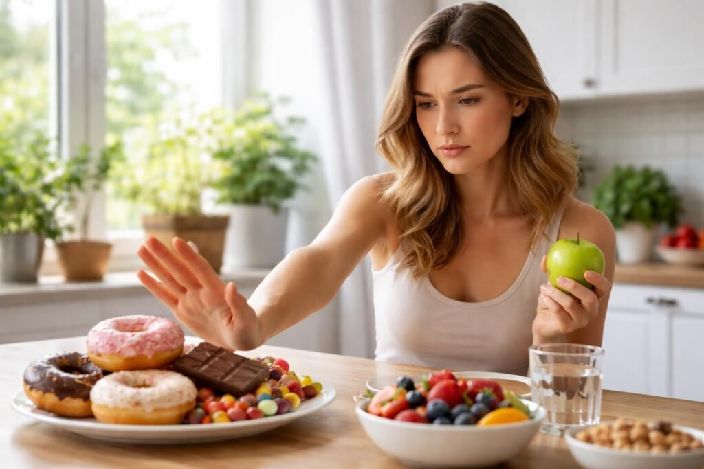 Nő édességvágy ellen küzd, egészséges alternatívával a kezében.
