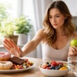 Nő édességvágy ellen küzd, egészséges alternatívával a kezében.