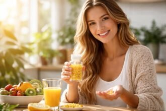 Boldog nő D-vitaminnal és gyümölcsökkel egy étkezőasztalon.