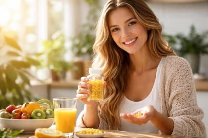 Boldog nő D-vitaminnal és gyümölcsökkel egy étkezőasztalon.