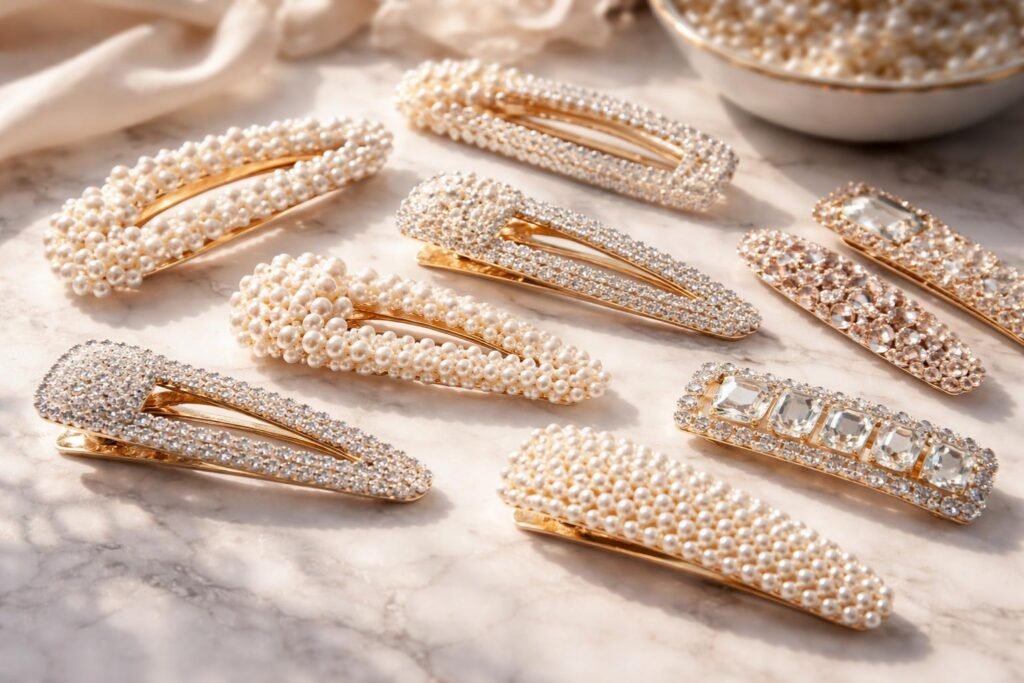 Gyöngyös és köves design hajcsatok különböző stílusokban