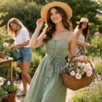 Női kerti ruha virágkosárral, stílusos kerttel a háttérben